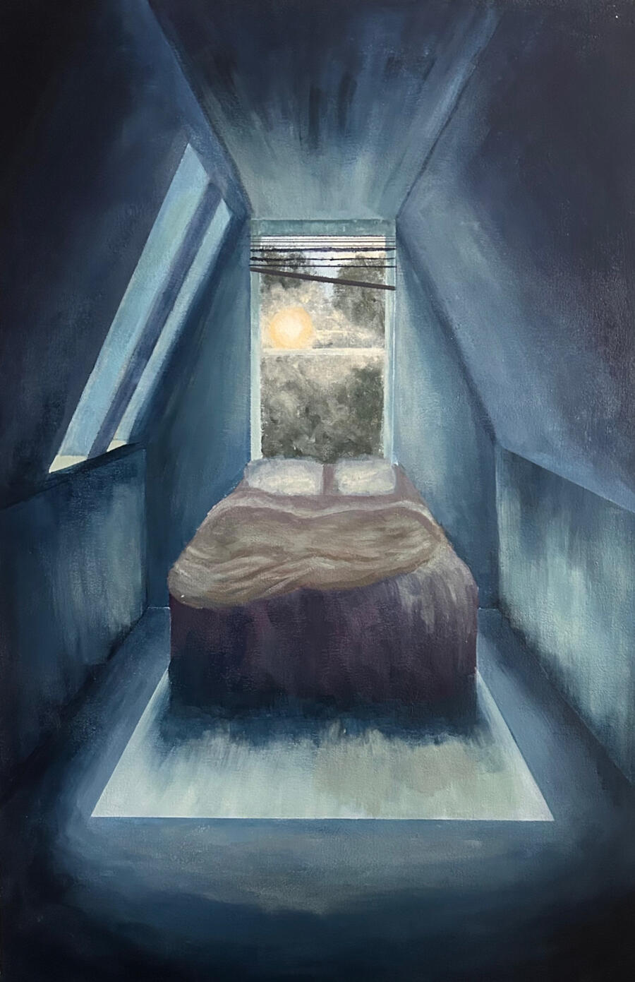 When You Left by Kelsey Lobb A surreal painting of a dimly lit, narrow room with a bed positioned beneath a window. Moonlight filters through broken blinds, casting a soft glow. Cool blue tones create a quiet, isolated, and dreamlike atmosphere.