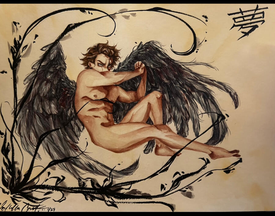 Fallen Dream by Isabella Castle A painting of a nude figure with dark, feathered wings curled in a defensive pose. Black swirling brushstrokes and floral accents frame the figure. A Japanese kanji character for "dream" appears in the top right corner.