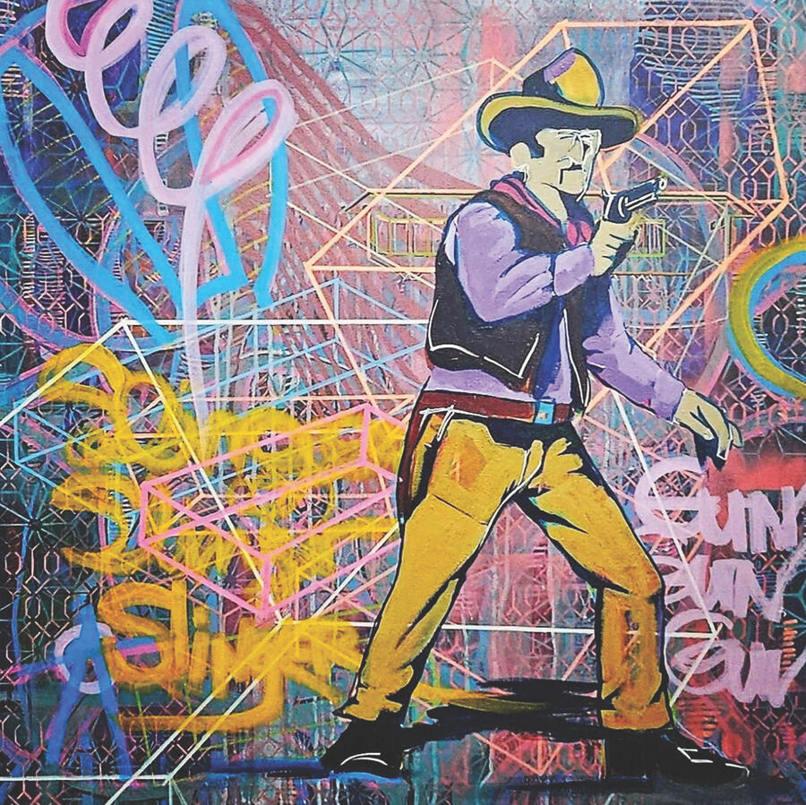 The Apocalypse by Michael Blosser A vibrant graffiti mural of a cartoon-style cowboy aiming a gun. The colorful background features abstract patterns, geometric shapes, and layered spray-painted tags in neon blues, pinks, and yellows, blending urban street art with Western imagery.