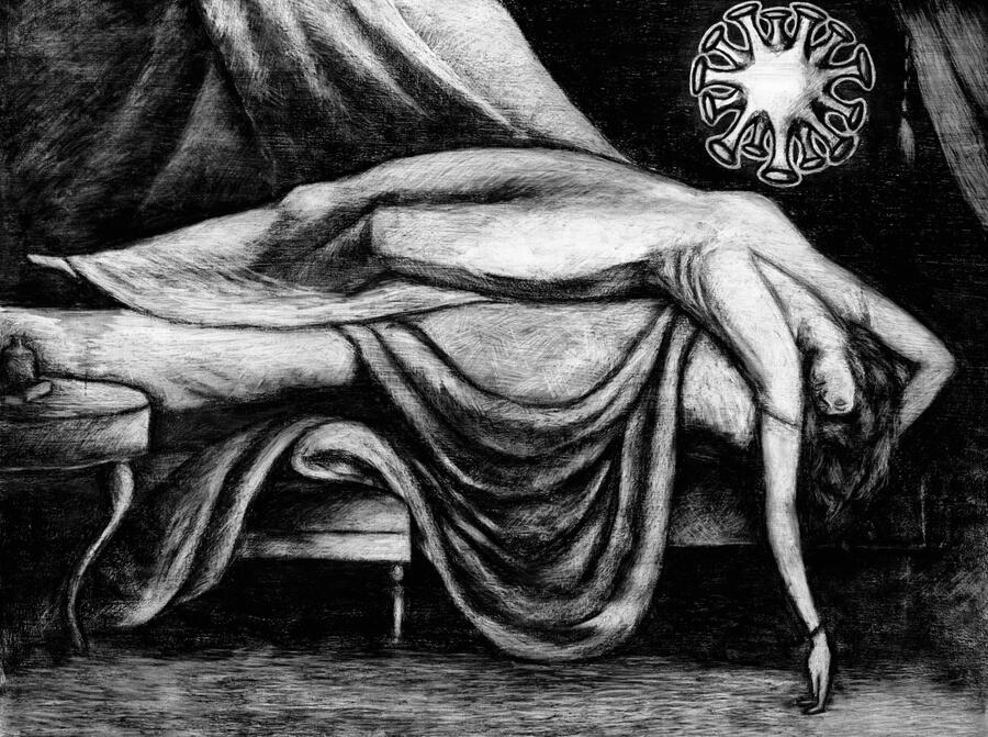 The COVID Nightmare by Donald Patten A black and white drawing of a figure draped in fabric, collapsed backward over a bed. A stylized COVID-19 virus symbol looms above, evoking themes of exhaustion, illness, and despair in a dark, surreal atmosphere.